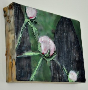 Peonies in Bud Encaustic and birch bark on birch panel 7" by 9" Marion Meyers 2013 $125